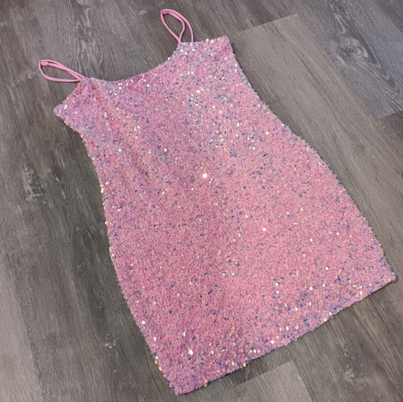 Lucy in the Sky Iridescent Pink Crystal Sequin Bodycon Mini Dress - Picture 2 of 12